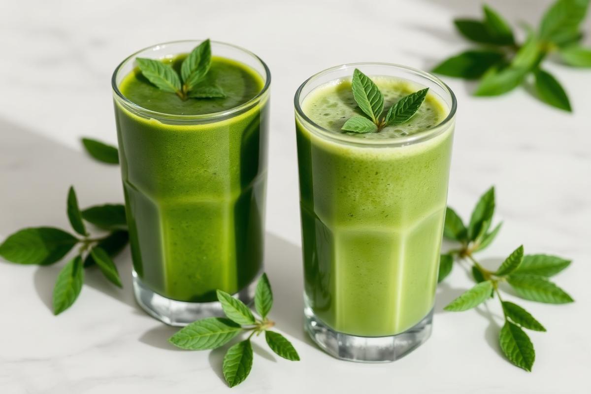 Green wellness smoothies with herbal leaves